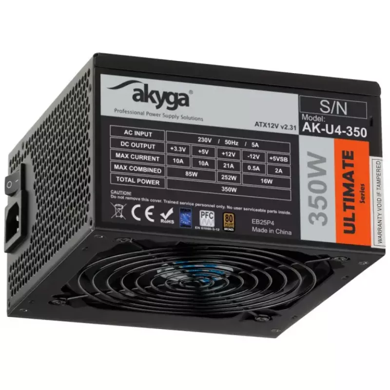 Akyga AK-U4-350 Ultimate 350 W ATX-virtalähde, 80 PLUS Bronze, aktiivinen PFC, 120 mm tuuletin