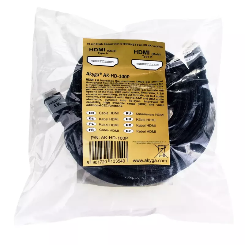 Akyga AK-HD-100P HDMI-2.0-kaapeli, punottu, PRO-sarja, 10 m, musta