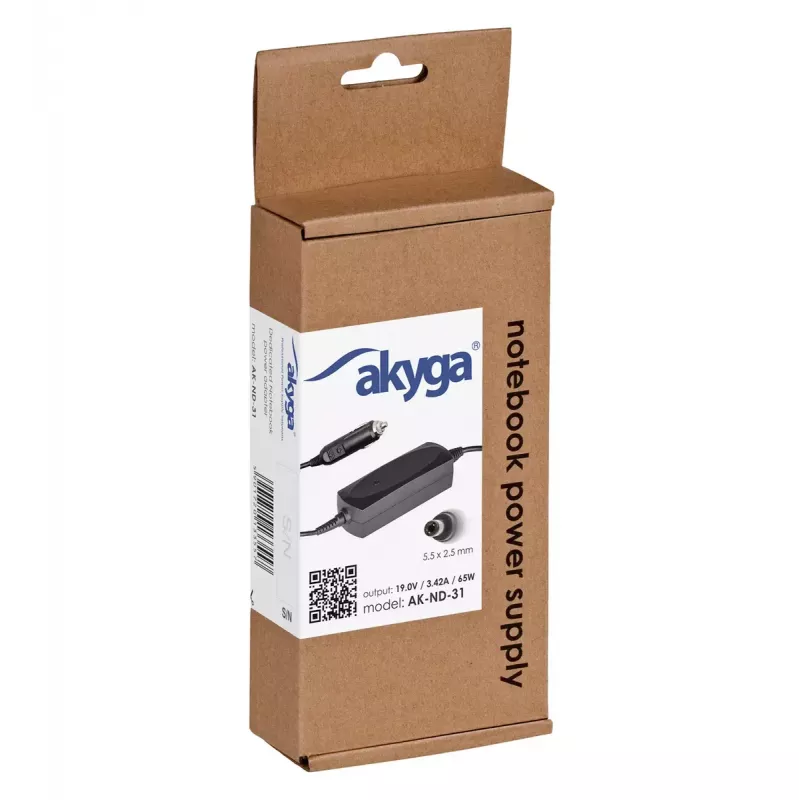 Akyga AK-ND-31 autokannettavan virtalähde Asus / Toshiba, 65 W, 19 V / 3,42 A, 5,5 x 2,5 mm, 12 V tulo