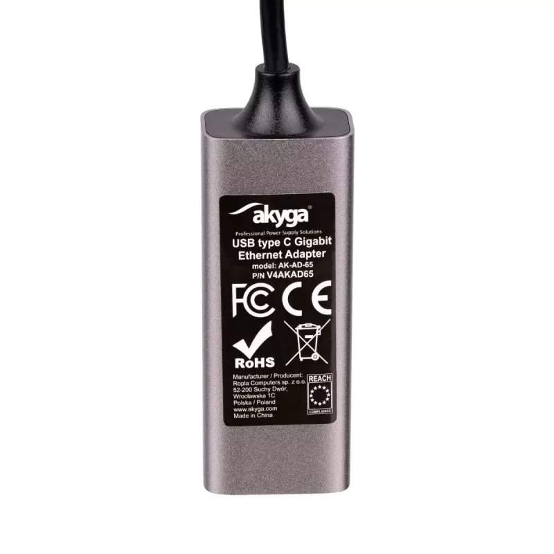 Akyga AK-AD-65 USB-C - Gigabit Ethernet -sovitin, RJ45, 15 cm, hopea