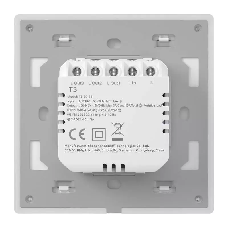 Seinä-älykytkin Sonoff T5 3C 3-kanava Wi‑Fi kosketus (uppoasennus)