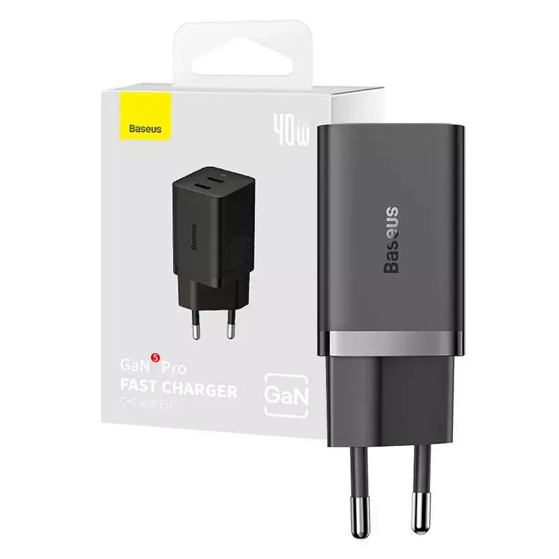 Baseus seinälaturi GaN5 40 W, 2x USB-C (musta)