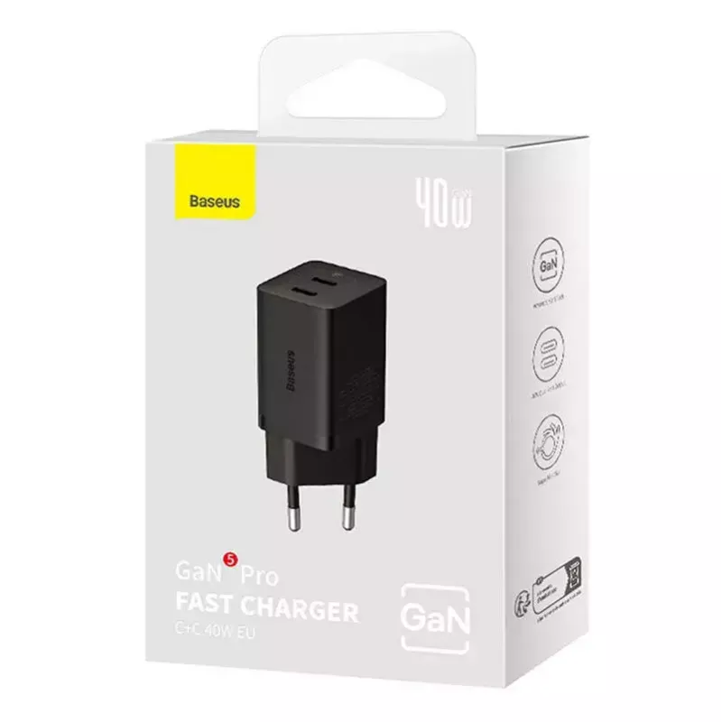 Baseus seinälaturi GaN5 40 W, 2x USB-C (musta)