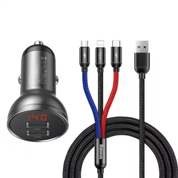 Auto-USB-laturi Baseus AB2XUSBAKBK — 2× USB 2.0, 4,8 A, savukkeensytyttimen virtalähde, musta/harmaa