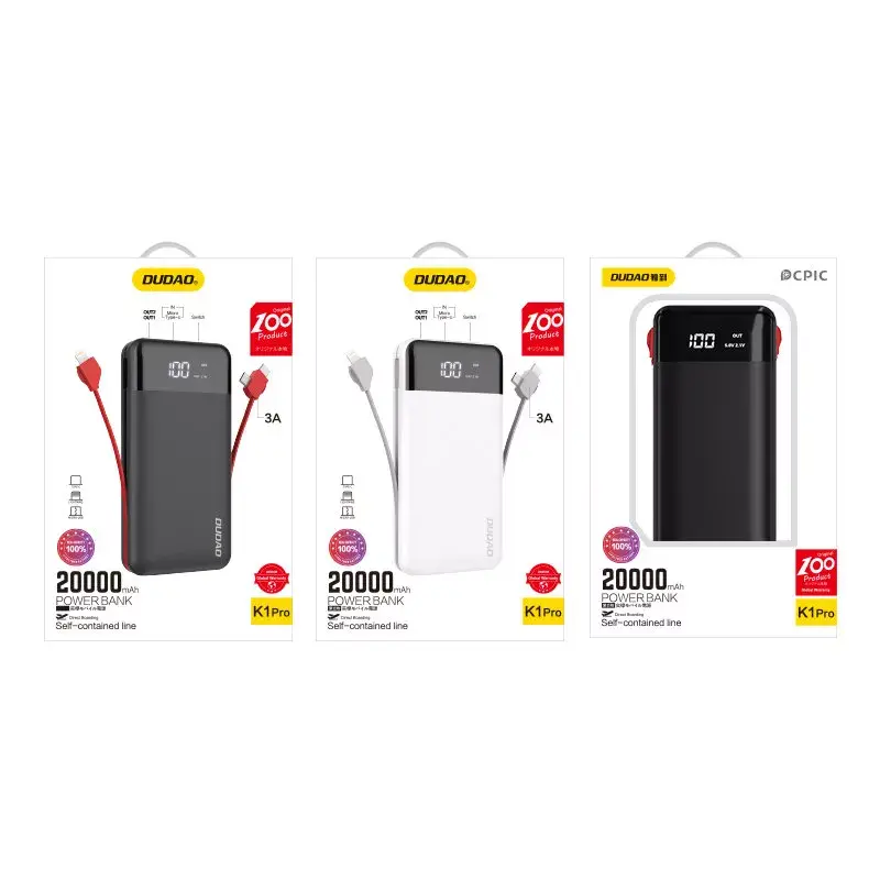 Varavirtalähde Dudao K1Pro 20000 mAh 15 W 4 sisäänrakennetulla kaapelilla, musta