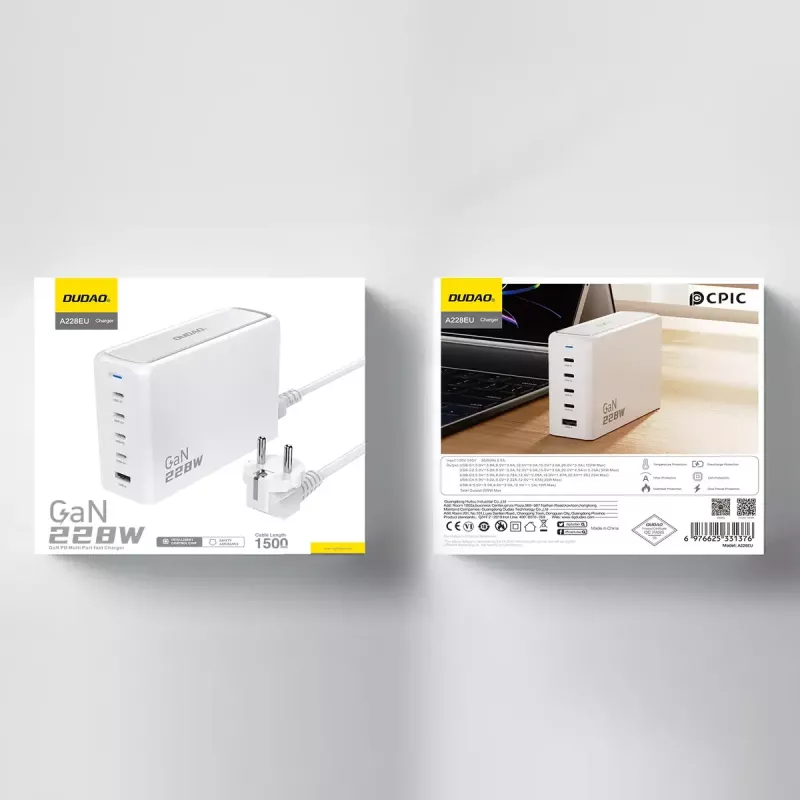 Laturi DUDAO A228EU 228 wattia GaN 4x USB-C 1x USB-A