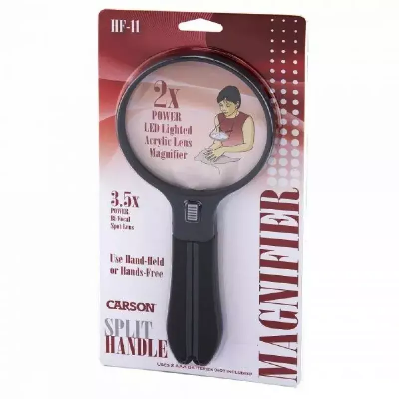 Suurennuslasi Carson Split Handle HF-11 — 3,5× käsisuurennuslasi, musta/läpinäkyvä, AAA-paristo