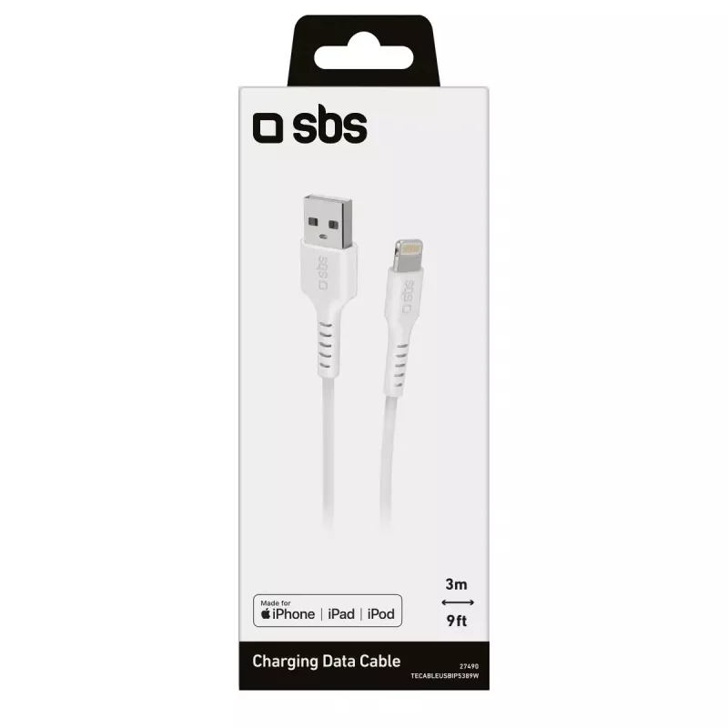 SBS TECABLEUSBIP5389W -Lightning-kaapeli 3 m valkoinen USB A