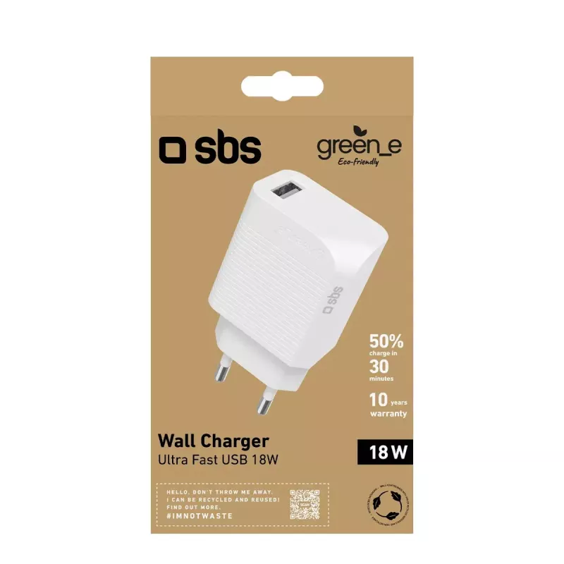 SBS GRETR1USB18W -mobiililaturi yleiskäyttöinen valkoinen AC pikalataus