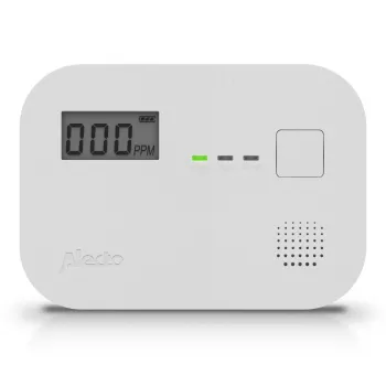 Häkävaroitin Alecto COA3910 — sähkökemiallinen CO-anturi, paristokäyttöinen, valkoinen, 110×78×37 mm