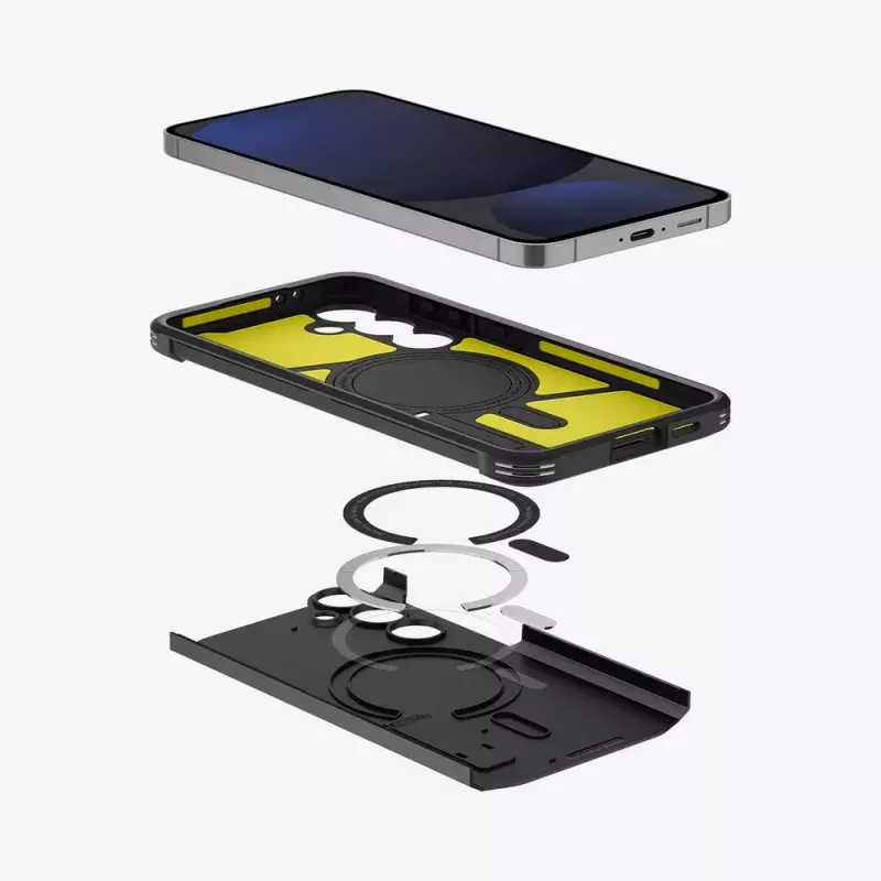 Spigen Tough Armor Galaxy S24 FE kotelo musta pöytäteline