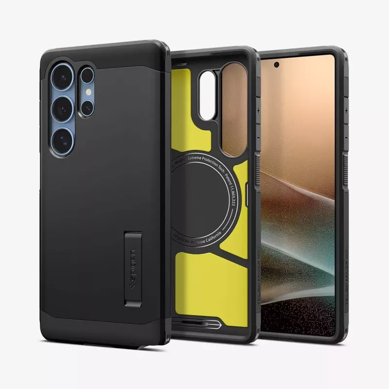 Spigen Galaxy S25 Ultra Tough Armor AI kotelo musta pöytäteline