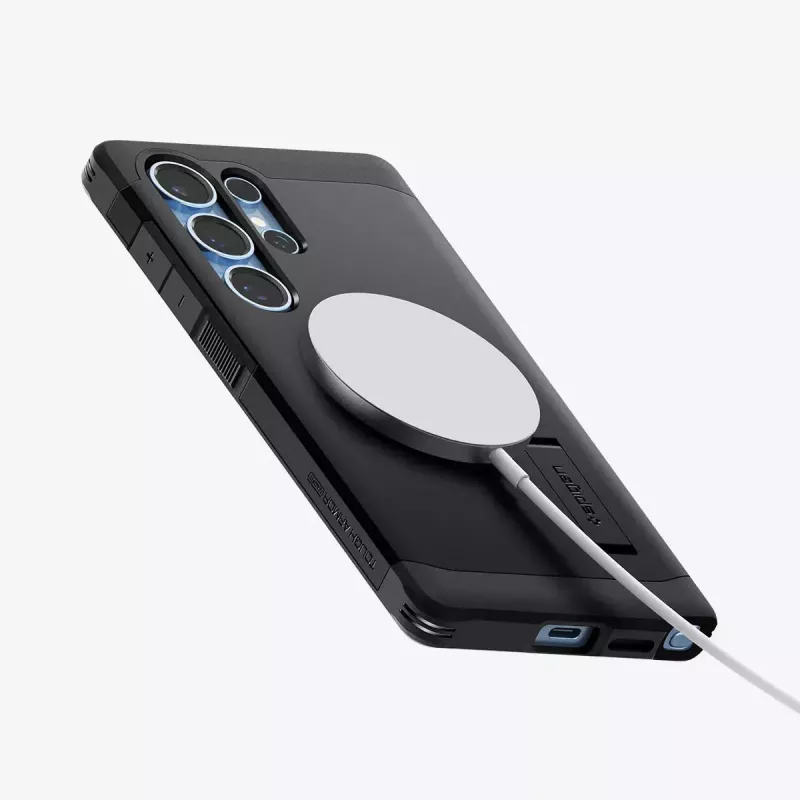 Spigen Galaxy S25 Ultra Tough Armor AI kotelo musta pöytäteline