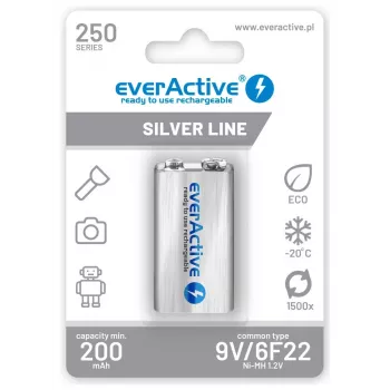 Uudelleenladattavat paristot everActive Ni-MH 6F22 9V 250 mAh Silver Line