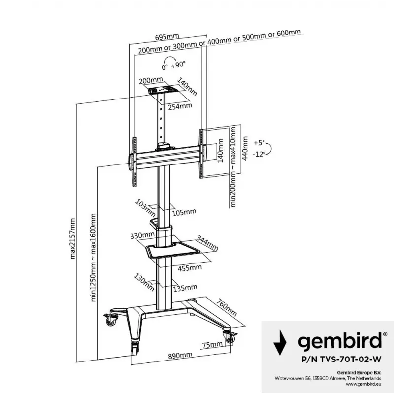 TV-teline lattiajalusta 37-70/WEISS TVS-70T-02-W Gembird