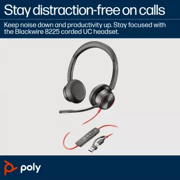 HP Poly Blackwire 8225 stereo USB-C kuulokkeet +USB-C/A sovitin