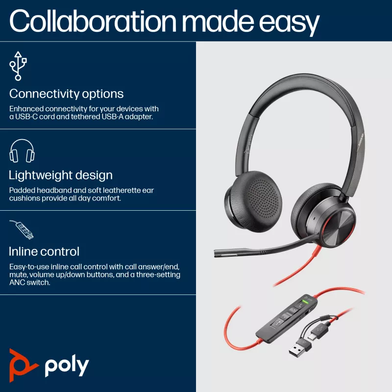 HP Poly Blackwire 8225 stereo USB-C kuulokkeet +USB-C/A sovitin