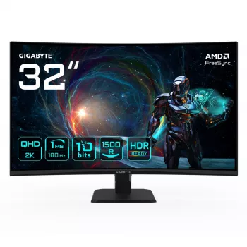 GIGABYTE GS32QCA 31,5 QHD kaareva pelinäyttö - 2560 x 1440, 180 Hz, 1 ms, 250 cd/m², FreeSync, HDR Ready, HDMI 2.0, Displayport 1.4