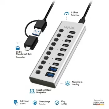 USB3.2 Gen1 -keskitin 10 porttia USB-A/C, virtakytkin