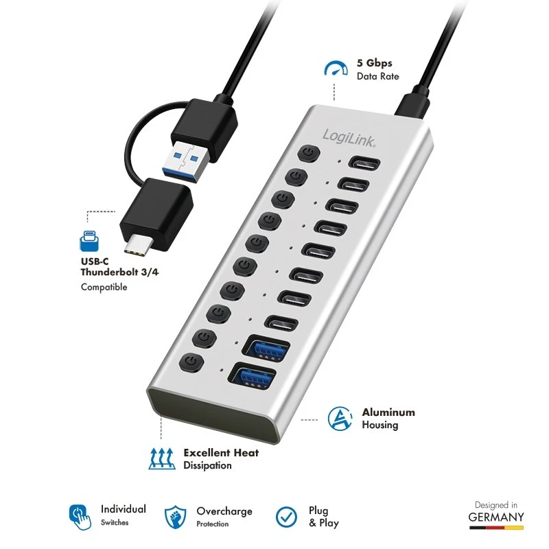 USB3.2 Gen1 -keskitin 10 porttia USB-A/C, virtakytkin