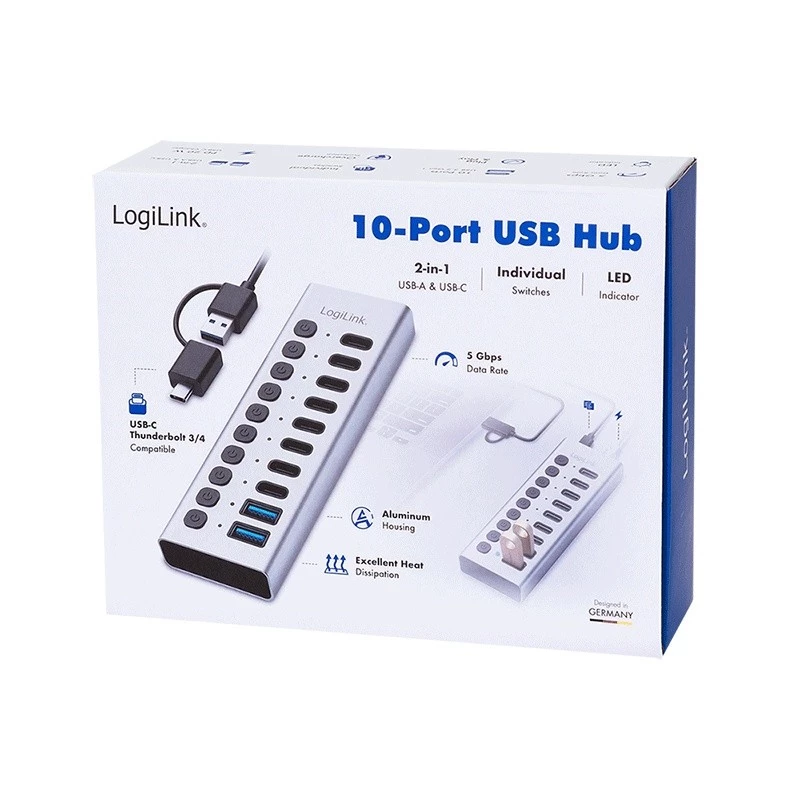 USB3.2 Gen1 -keskitin 10 porttia USB-A/C, virtakytkin