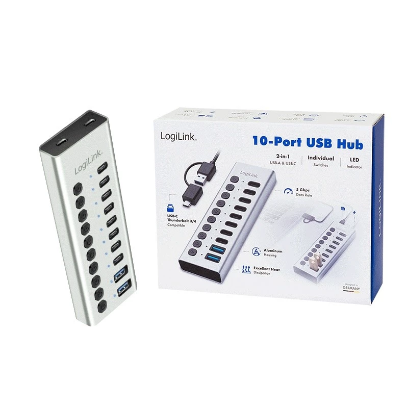 USB3.2 Gen1 -keskitin 10 porttia USB-A/C, virtakytkin