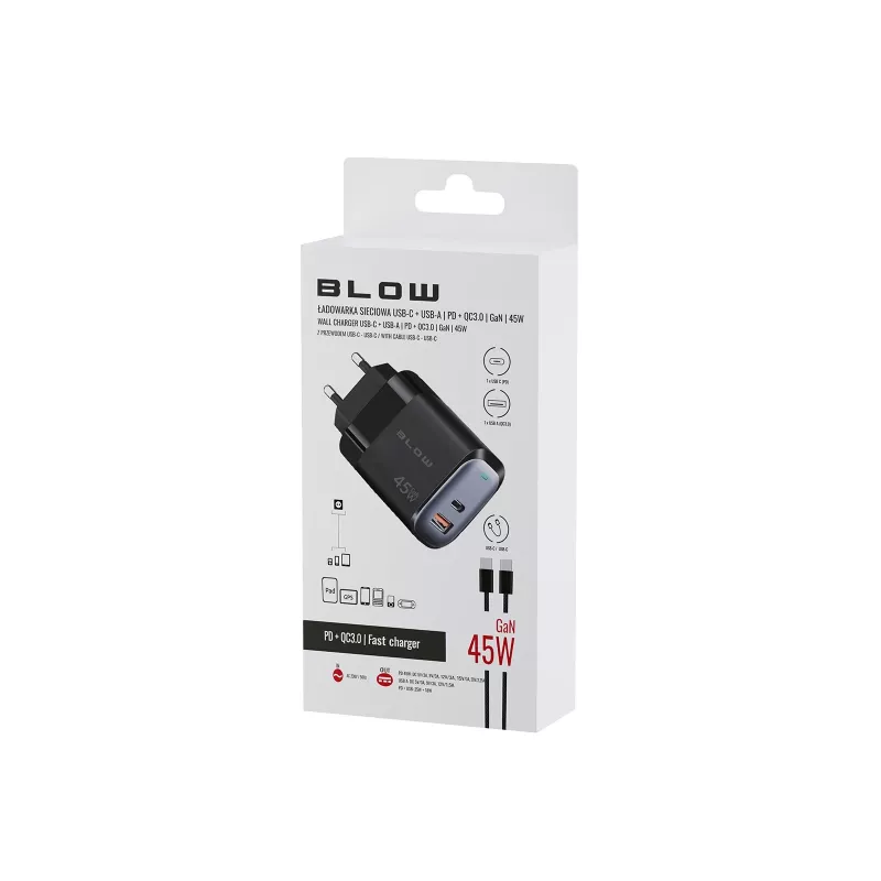 Seinä laturi USB-A USB-C PD 45W + kaapeli