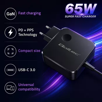 GaN 65W laturi USB C PD PPS 5V 21V 3A 3.25A