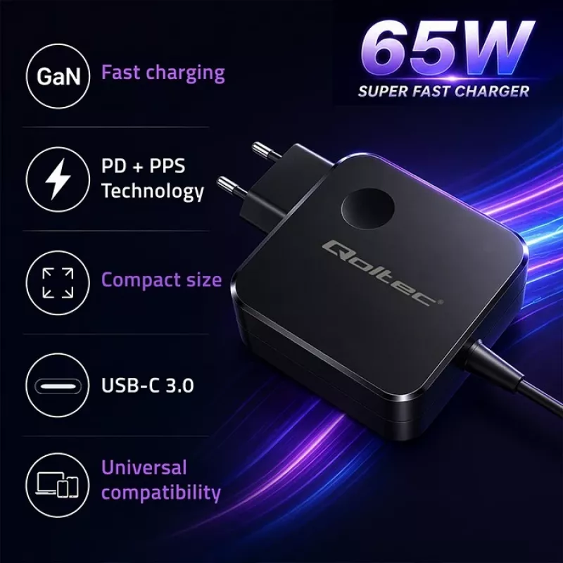 GaN 65W laturi USB C PD PPS 5V 21V 3A 3.25A