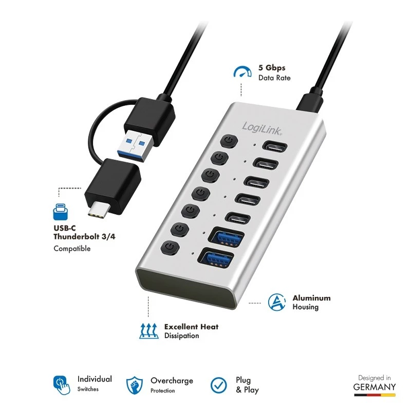 USB-keskitin USB 3.2 Gen1 7 porttia USB-A/C, virtakytkin