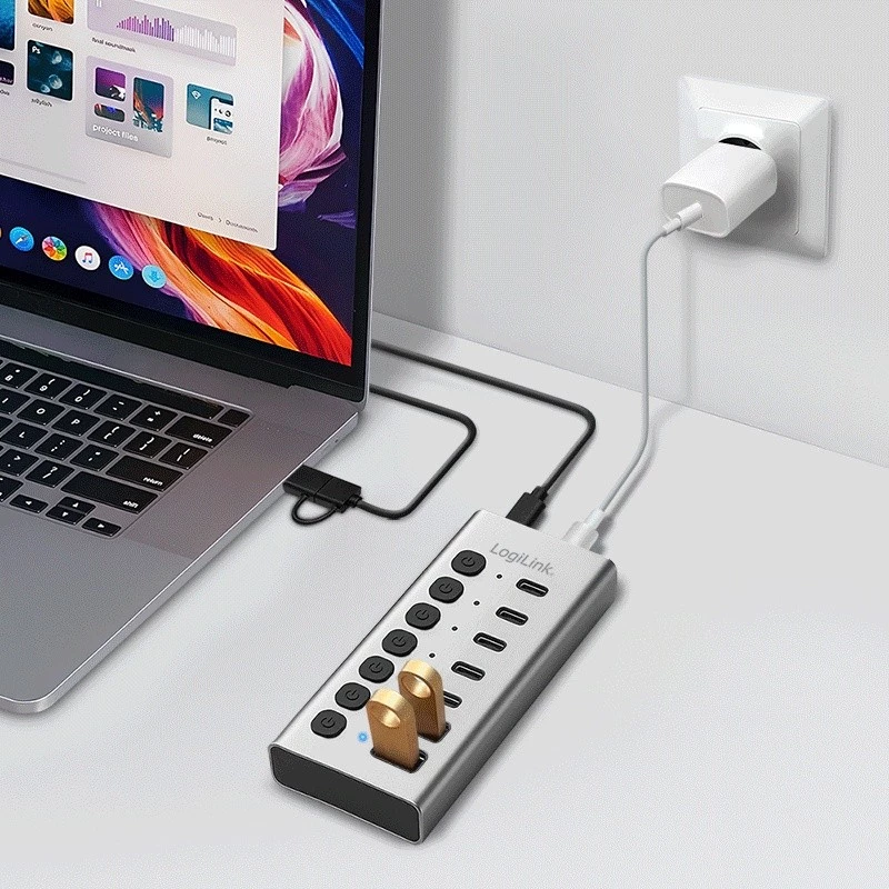 USB-keskitin USB 3.2 Gen1 7 porttia USB-A/C, virtakytkin