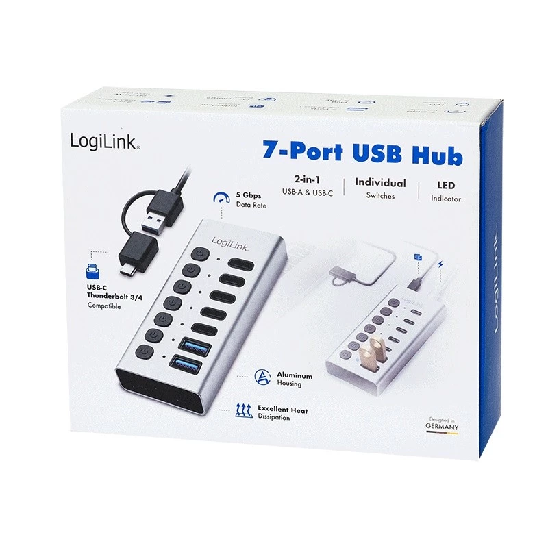 USB-keskitin USB 3.2 Gen1 7 porttia USB-A/C, virtakytkin