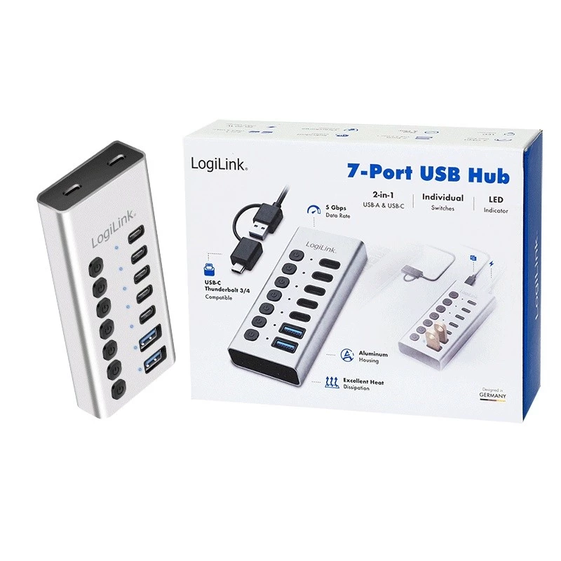 USB-keskitin USB 3.2 Gen1 7 porttia USB-A/C, virtakytkin