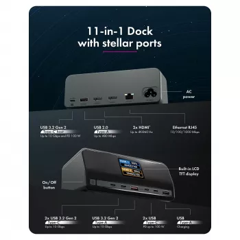 11-in-1-telakointiasema Power Delivery -latausporteilla ja suurella LCD-näytöllä, mukana 160 W GaN-laturisovitin