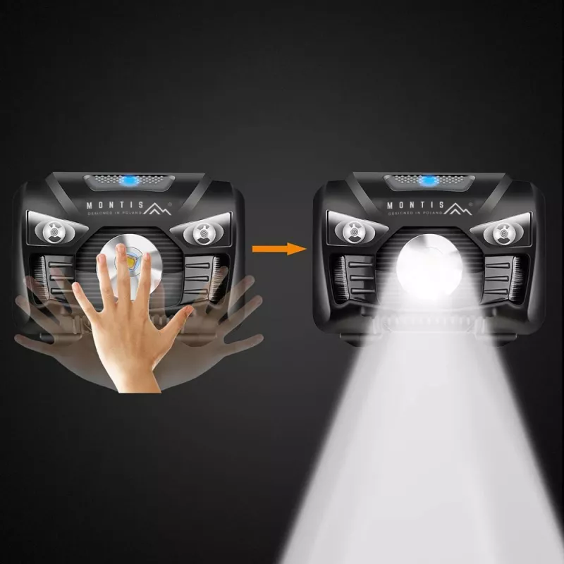 Montis ladattava otsalamppu anturilla MT001 musta otsalamppu LED