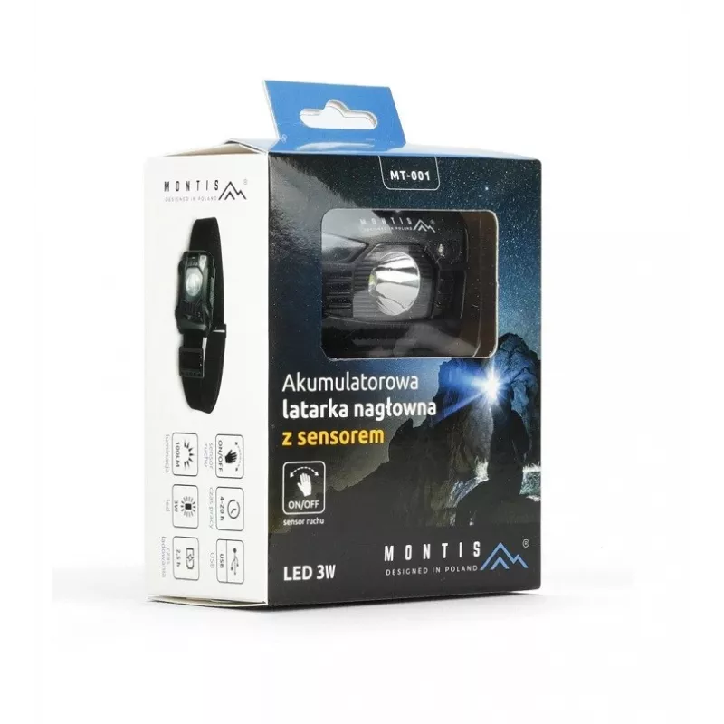 Montis ladattava otsalamppu anturilla MT001 musta otsalamppu LED