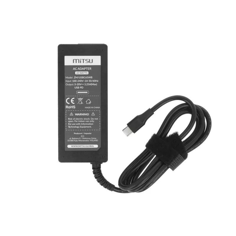 Kannettavan tietokoneen virtalähde 65W USB-C 5V-9V-12V-15V-20V/3A, 20V/3,25A PD
