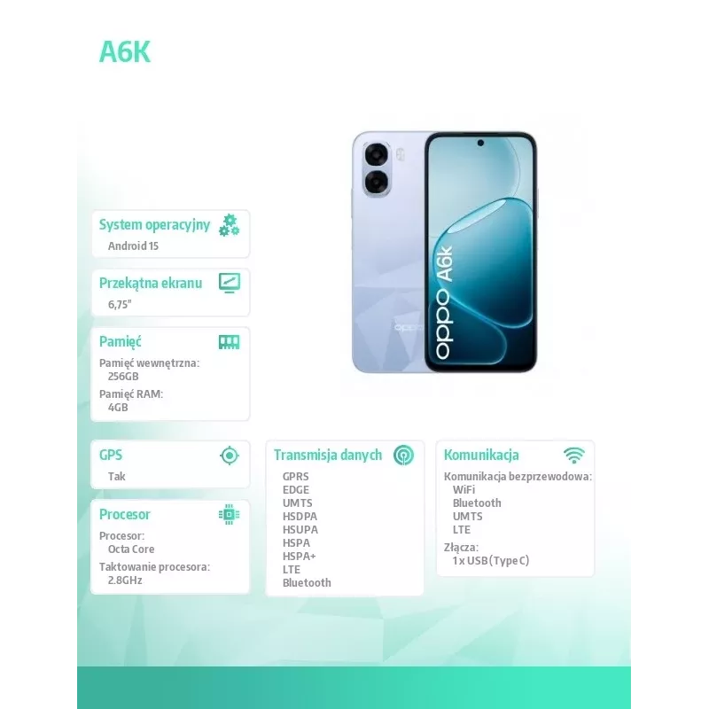 Älypuhelin A6k 4G 4/256GB CPH2891 vaaleanvioletti