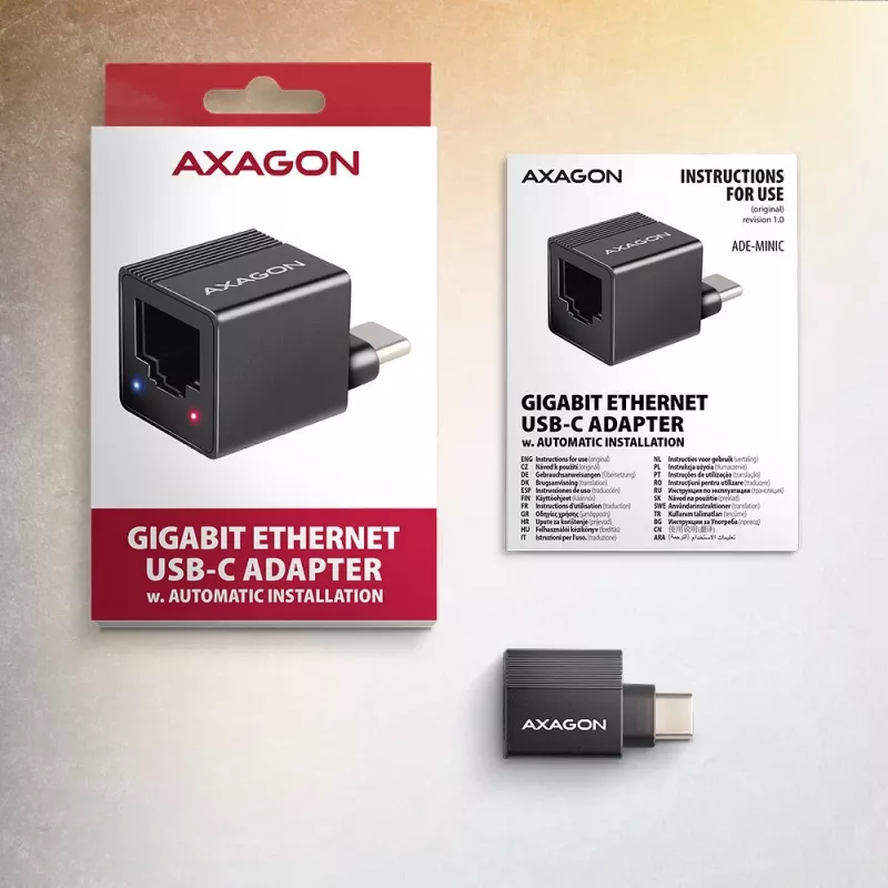 AXAGON ADE-MINIC USB-C 3.2 Gen 1 Gigabit Ethernet -minisovitin, musta