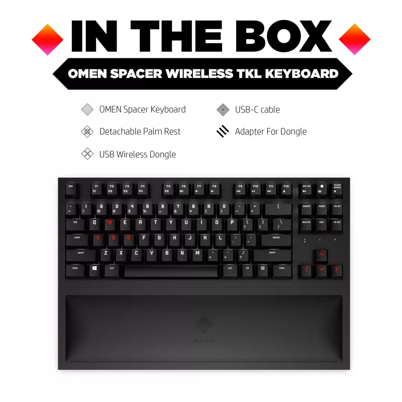 HP OMEN Spacer Wireless TKL -näppäimistö, täysikokoinen (100 %), langaton, RF Wireless, mekaaninen, musta