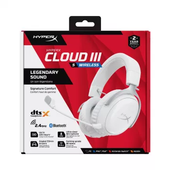 HyperX Cloud III S -langaton pelikuulokemikrofoni (valkoinen), langaton, 20 - 20000 Hz, pelaaminen, 340 g, kuulokemikrofoni, valkoinen