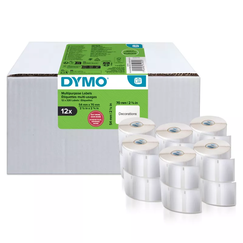 DYMO Authentic LabelWriter yleismerkit | 54 mm x 70 mm | itseliimautuva | 12 rullaa, joissa 320 Easy-Peel-tarraa (3 840 kpl) | LabelWriter-tarratulostimille | Valmistettu Euroopassa