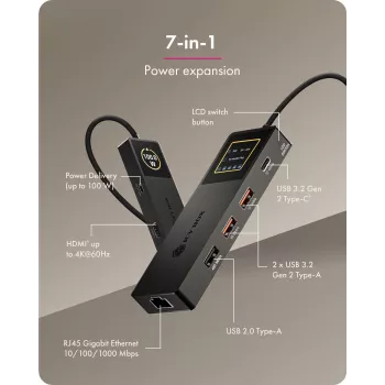 ICY BOX Spade Dock 4038, 7-in-1-telakka LCD-näytöllä ja PD 100 W