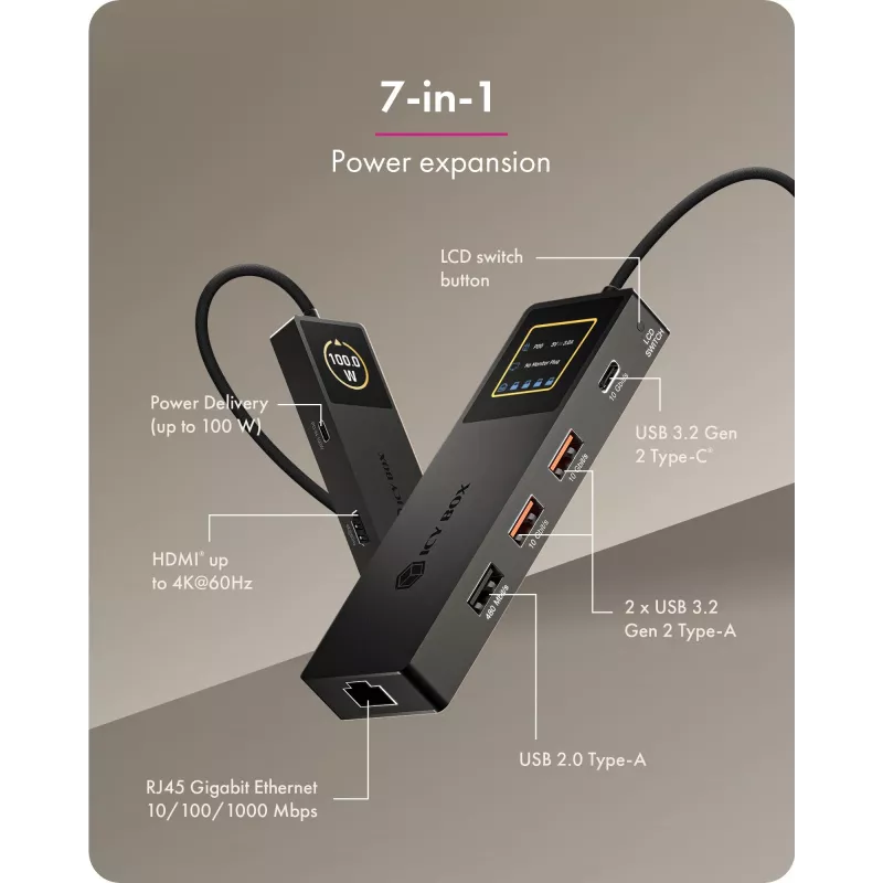 ICY BOX Spade Dock 4038, 7-in-1-telakka LCD-näytöllä ja PD 100 W