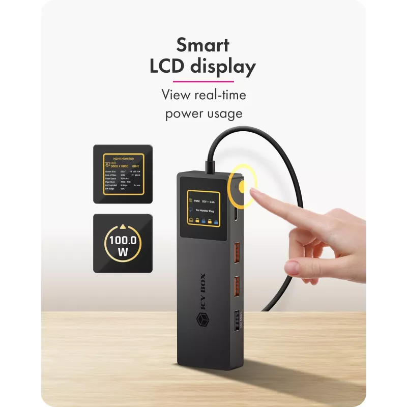 ICY BOX Spade Dock 4038, 7-in-1-telakka LCD-näytöllä ja PD 100 W