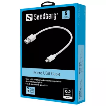 Sandberg MicroUSB sync/latauskaapeli 0,2 m, 0,2 m, USB A, Micro-USB B, USB 2.0, valkoinen