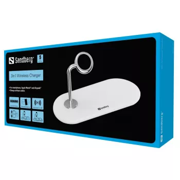 Sandberg 3in1 langaton laturi, sisäkäyttöön, USB, langaton lataus, 0,8 m, hopea, valkoinen