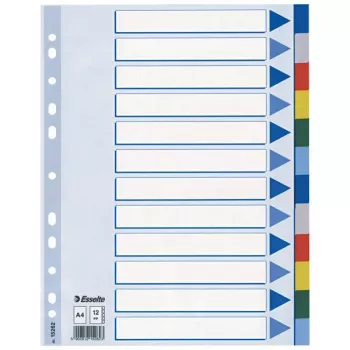 Esselte välilehdet PP A4 12 välilehteä, Blank-Tab-välilehdet, polyvinyylikloridi (PVC), monivärinen, A4, 2, 4, 6, 225 mm