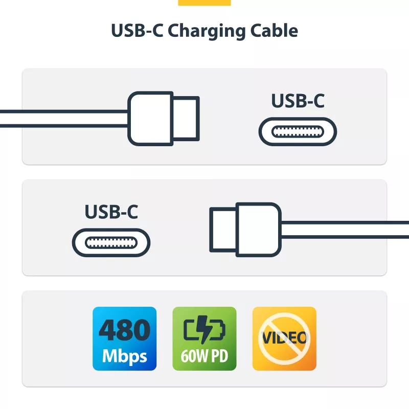 StarTech.com 1 m (3,3 ft) valkoinen USB-C-latauskaapeli 2 kpl:n pakkaus, USB-C-kaapeli, USB 2.0 Type-C kannettavan tietokoneen latauskaapeli, 60 W 3 A Power Delivery, TPE-päällyste, USB-C-tiedonsiirtokaapeli, M/M