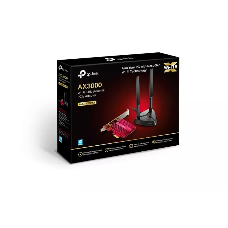 TP-Link AX3000 Wi-Fi 6 Bluetooth 5.0 PCIe-adapteri, sisäinen, langaton, PCI Express, WLAN / Bluetooth, 2402 Mbit/s, musta, punainen